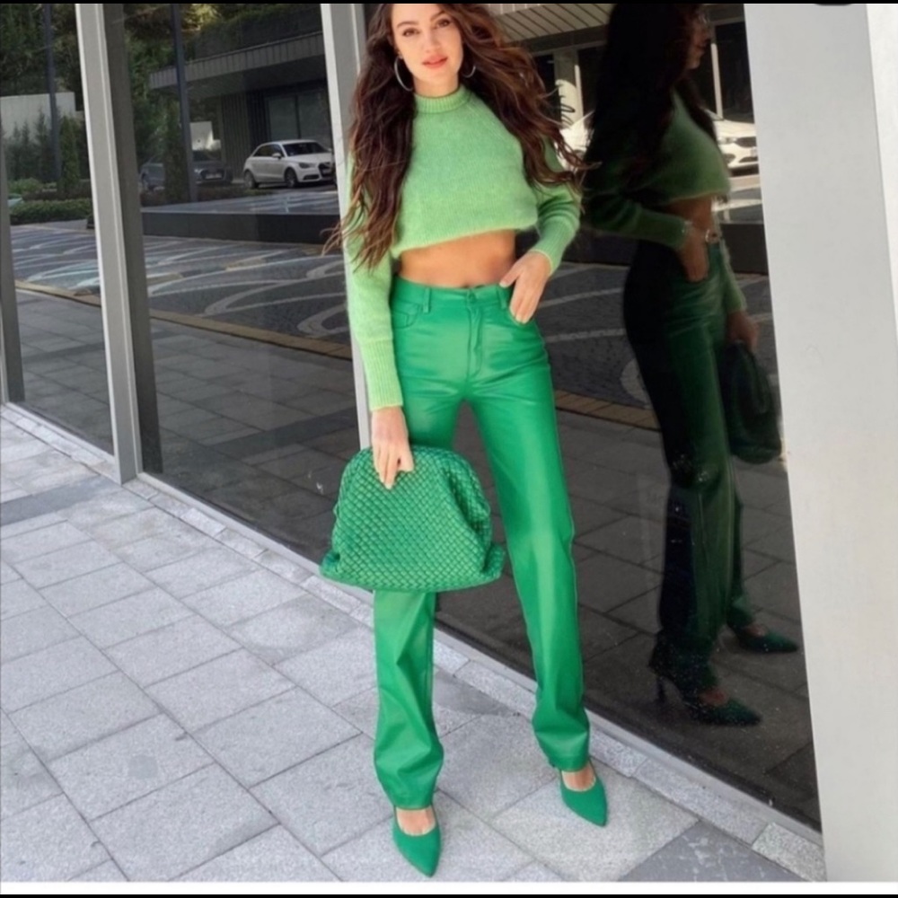 ZARA COLOURED FAUX LEATHER TROUSERS GREEN SIZE-XL - Picture 14 of 16